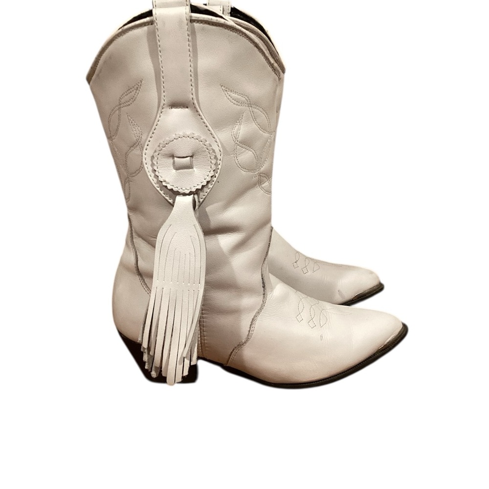 Oak Tree Farms Sahara White Leather Vintage Cowgirl Boots Women Size 5 Fringe‎